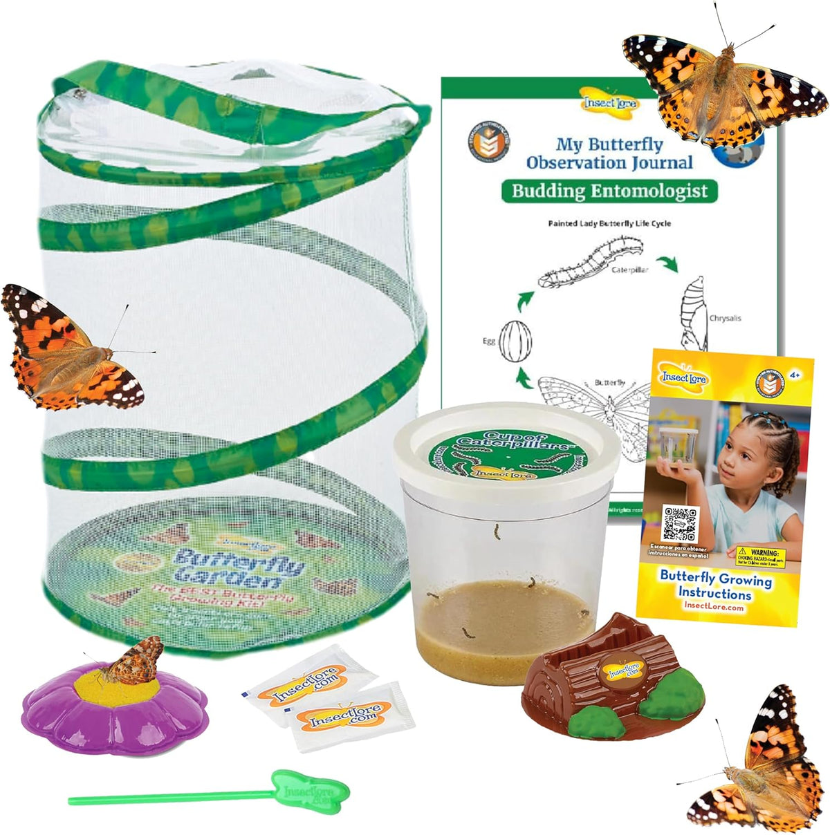 Insect Lore Butterfly Garden with 5 Live Baby Caterpillars - STEM Activity Journal, Habitat, Chrys-A-Lid Holder and Feeder Included | Raise and Release Painted Lady Butterflies
