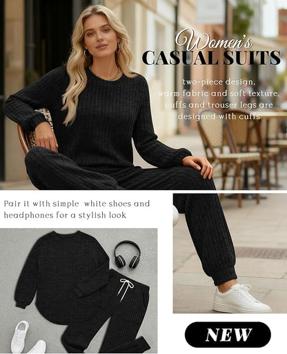 Sweetyweee Women's Ribbed Knit Lounge Sets 2 Piece Outfits Long Sleeve Pajamas Set Loungewear Sweatsuits Fall Pjs with Pocket