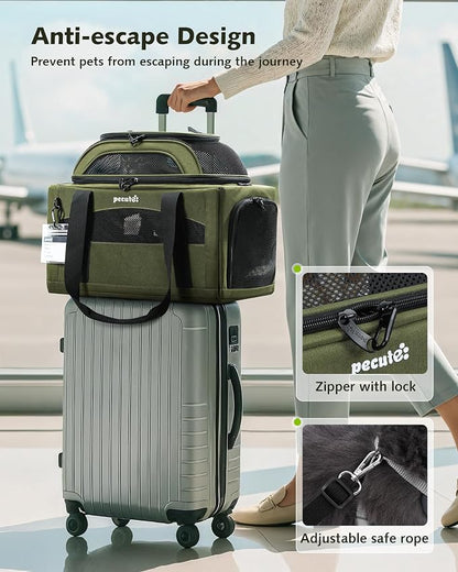 Pecute Top Expandable Airline Approved Pet Carrier for Cats, Dark Gray | Top side expandable, breathable scratch-resistant mesh, leakproof pee pad, locking zippers, foldable travel bag under 11lbs.