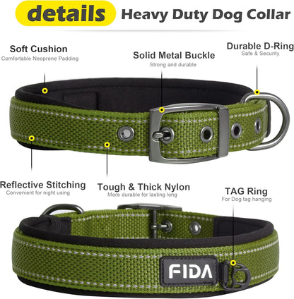 Fida Heavy Duty Dog Collar, Ultra Comfortable Soft Neoprene Padded, Adjustable Reflective Nylon Pet Collar with Durable Metal Belt Buckle for Small Breeds (S, Green)