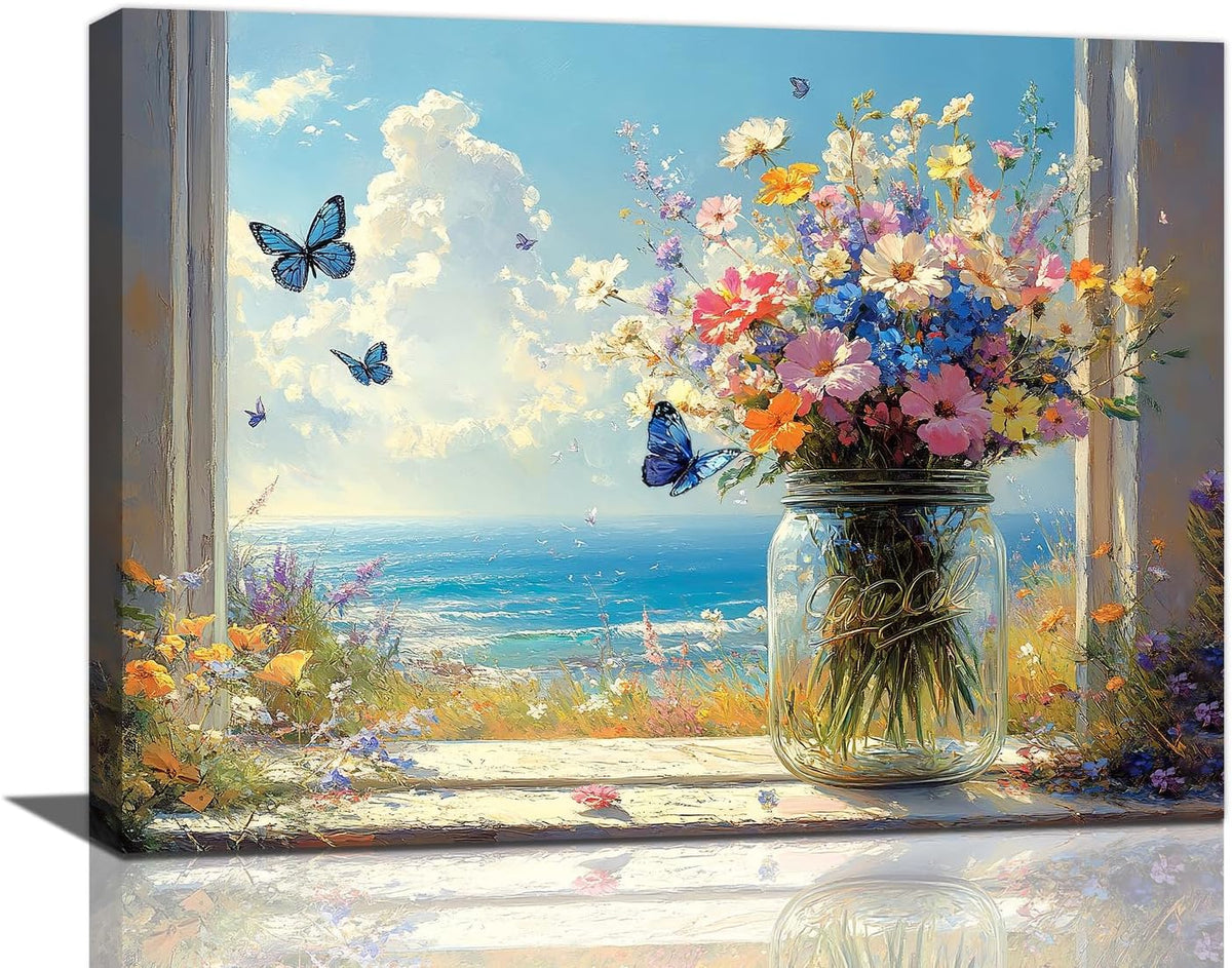 Beach Floral Bathroom Pictures Wall Art, Colorful Flower Bathroom Wall Decor, Coastal Ocean Framed Painting Canvas Artwork for Bedroom Living Room Decorations 20"L x 16"W