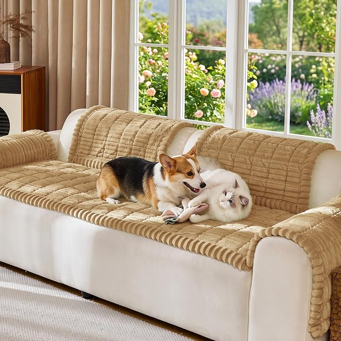 FUANGUI Waterproof Couch Cover Sofa Cover for Dogs and Pets Sofa Protector | Non-Slip Washable Fuzzy Soft Cat Bed Sofa Slipcover for 2-3 Cushion Couch Sofa Pet Friendly, Camel, 27.6" x 82.7", 1 pcs