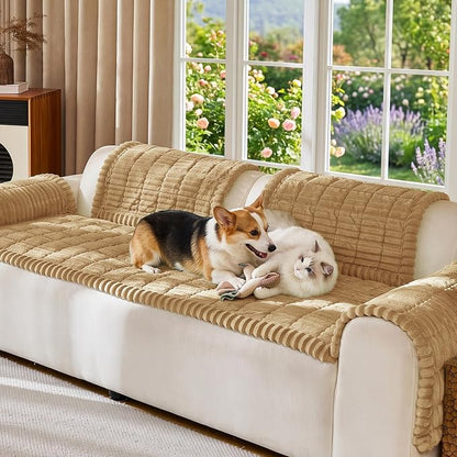 FUANGUI Waterproof Couch Cover Sofa Cover for Dogs and Pets Sofa Protector | Non-Slip Washable Fuzzy Soft Cat Bed Sofa Slipcover for 2-3 Cushion Couch Sofa Pet Friendly, Camel, 27.6" x 82.7", 1 pcs