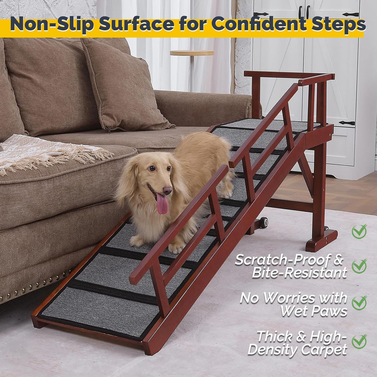 Dog Ramp for Bed or Couch, Wooden Pet Ramp with 20° Gentle Slope, Removable Side Rails, Non-Slip Surface, Top Platform & Wheels, Safe Bed Ramp for Small, Medium & Senior Dogs, 60" Long, Mahogany