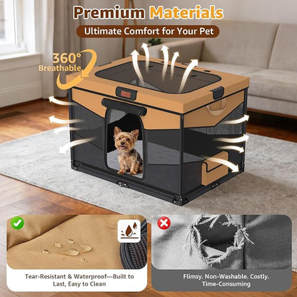 LOOBANI Foldable Dog Playpen with Washable Pee Pad, 32"x24"x22", Brown | Portable Pet Playpen for Small Dogs Cats Indoor Use, Sturdy Dog Crate with Premium Frame and 690D Oxford Waterproof Cover