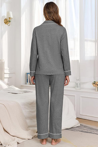 Veseacky 100% Cotton Pajamas for Women Set Long Sleeve Button Down Sleepwear Soft Pjs Lounge Sets with Pockets XS-XXL