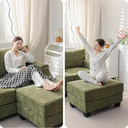 Rukefo 85" Sectional Sofa Couch with Storage Ottoman,L Shaped Couch with Armrest Organizer,3-Seater Sofa,Sofa and Chair Set,Couches for Living Room,Bedroom,Apartment,Chenille,Green