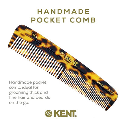 Kent R7T TY Fine and Wide Tooth Hair Comb, Handmade Pocket Comb for Men, Beard and Mustache Combs for Everyday Grooming and Styling, Sawcut Kent Combs, Made in England