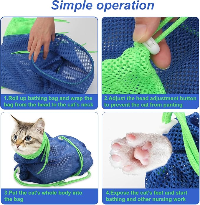 Breathable Mesh Shower Bag - Anti Scratch Adjustable Grooming for Nail Trimming, Bathing - Polyester Soft Cat Washing (Blue-Green)