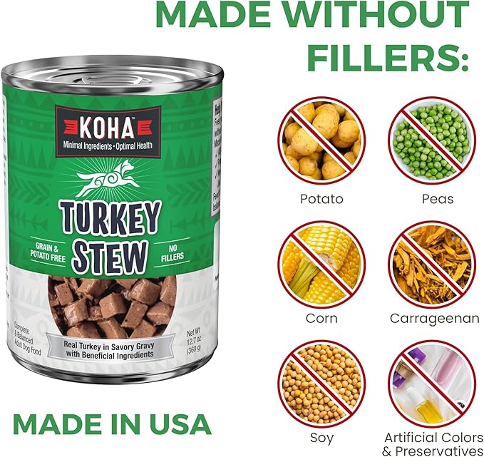 KOHA Minimal Ingredient Turkey Stew for Dogs, High Protein Limited Ingredient Dog Food, 12.7oz Cans (Case of 12)