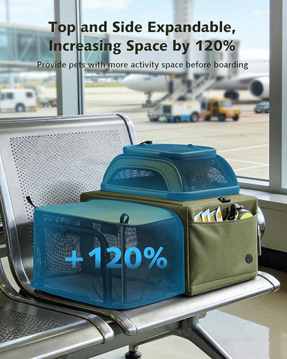 Pecute Top Expandable Airline Approved Pet Carrier for Cats, Dark Gray | Top side expandable, breathable scratch-resistant mesh, leakproof pee pad, locking zippers, foldable travel bag under 11lbs.