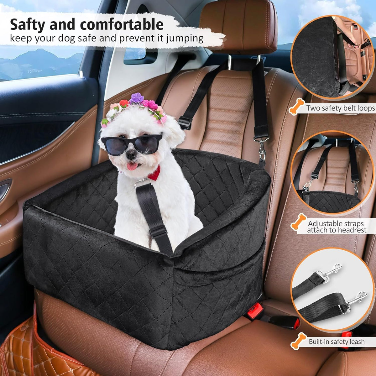 Dog Car Seat for Small Medium Dogs,Detachable Washable Dog Booster Seat Under 30lbs, Pet Car Seat Travel Bed with Storage Pockets and Dog Safety Belt (Black)