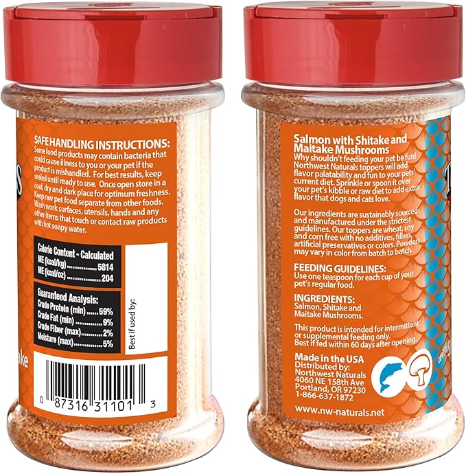 Northwest Naturals Freeze-Dried Salmon, Shiitake & Maitake Mushrooms Functional Topper for Dogs & Cats - Limited, Human Grade Ingredients, All Natural, Proudly Made in USA, 3.5 Oz (Pack of 2)