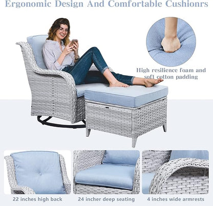 Belord Wicker Patio Furniture Sets - 13 Piece Outdoor Rattan Furniture Conversation Sets with 4 Swivel Rocker Chairs, 2 Rattan Sofas, Wicker Ottomans and Coffee Table, Light Grey/Baby Blue
