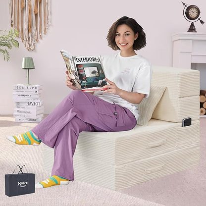 HILERO Folding Sofa Bed, 4 in 1 Convertible Sleeper Chair with Pillow, Single Memory Foam Fold Out Chair Bed, Modern Floor Futon Sofa Couch Mattress for Living Room/Guest/Apartment,Beige