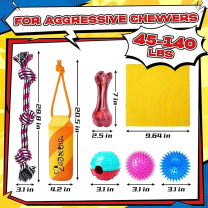 Zeaxuie 12 Pack Heavy Duty Various Dog Chew Toys Pack for Aggressive Chewers - Includes Large Rope Toy, Squeaky Toys & Indestructible Chew Bone for Medium, Large & X-Large Breeds Dogs