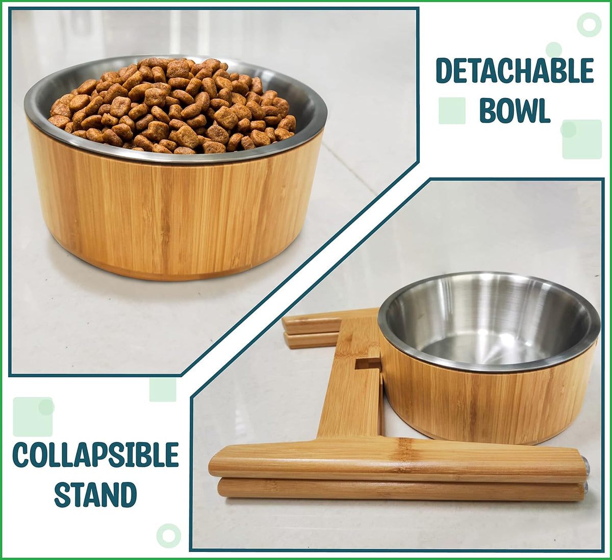 Dog Bowls Elevated, 12-inch High, 5-Cup Cap - Set of Bamboo Holder, Stainless Inner Dish and Stand - Ideal for Medium to Large Breeds - All-Detachable Parts