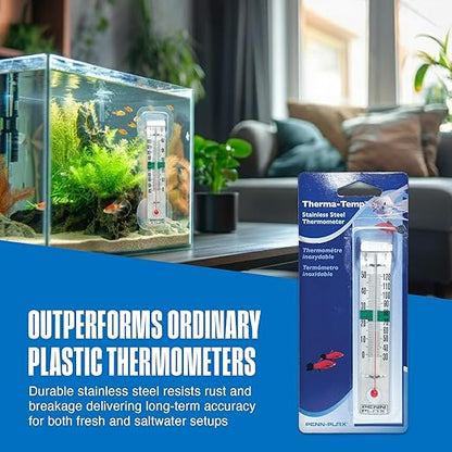 Penn-Plax Therma-Temp Stainless Steel Thermometer - Accurate Aquarium Thermometer - Easy to Read - Dual Scale for Freshwater and Saltwater Tanks - Rust-Resistant Clip-On Design - 4.25 Inches
