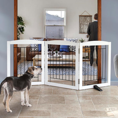 ZJSF Freestanding Dog Fence Indoor, Foldable Dog Gate for Doorways, Stairs or Hallways, Sturdy Wood Extra Wide Pet Gate with Support Feet for The House, White, 24 "Height-3 Panels