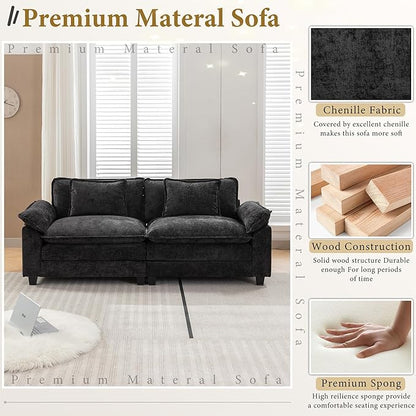 URRED Modular Sectional Sofa Comfy Cloud Couch, Modern Chenille Sofa Sleeper Deep Seat Couches with Ottoman/Pillows for Living Room (Black, 82.6'')