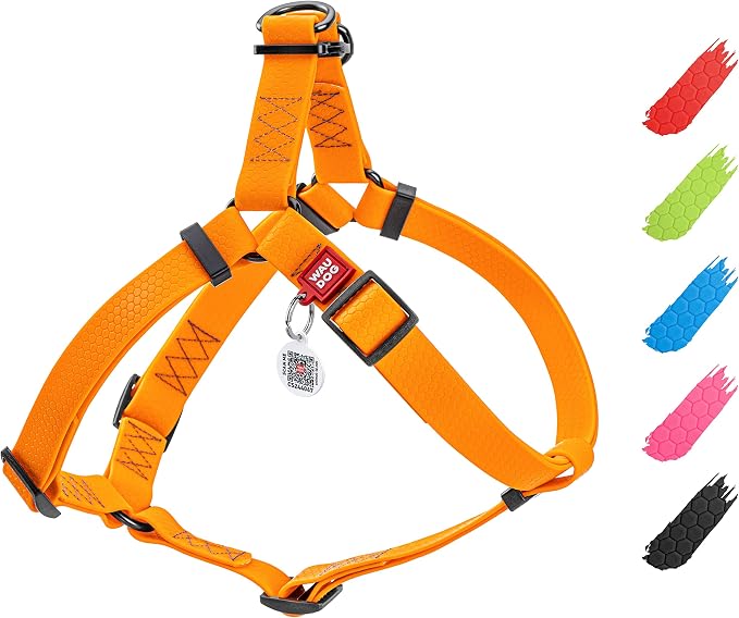 WAUDOG Waterproof Dog Harness - Adjustable for Large, Small and Medium Dogs - Heavy Duty with Durable Metal Clasp and QR Tag - Boy & Girl - Orange (16-22in)