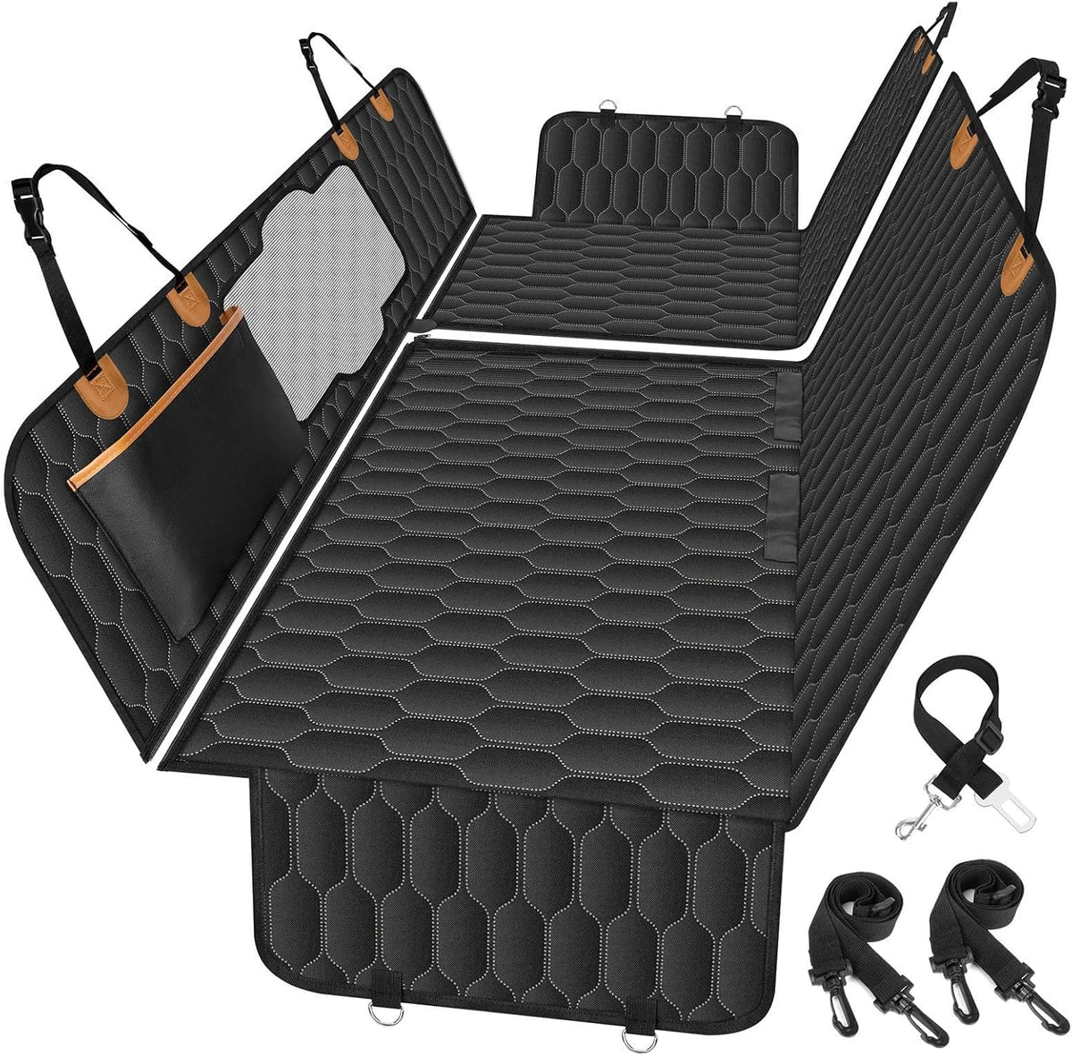 Dog Back Seat Cover, Waterproof Scratch Proof Nonslip Dog Hammock for Car, Car Seat Cover for Back Seat with Sanitary Pad Mesh & Pocket for Cars SUVs and Trucks - S, Black/Orange