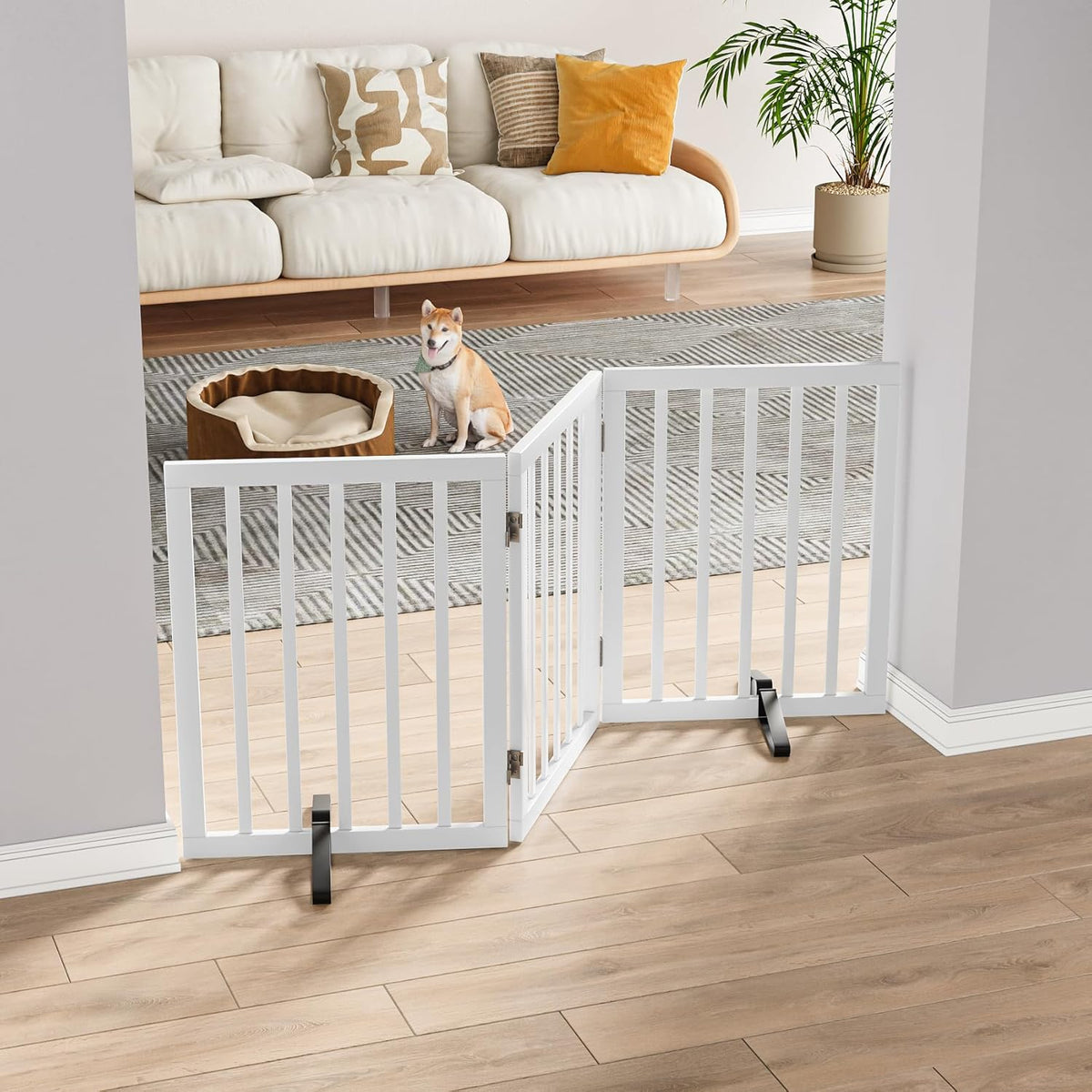 Dog Gates for The House Freestanding Foldable Pet Gates for Doorways 3 Panels 24'' Tall with 2PCS Support Feet Wooden White Dog Gate for Stairs
