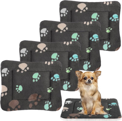 4 Pack Ultra Soft Dog Cat Bed Mat with Cute Prints Reversible Fleece Dog Crate Kennel Pad Cozy Washable Thickened Hamster Guinea Pig Pet Bed Mat for Small Animals(23 x 18 Inches,Black)