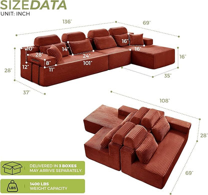 136" L Shaped Cloud Modular Sectional Sofa with Chaise & Headrest, Boneless Deep Seat Plush Corduroy Couches for Large Living Room, No Assembly Required (Orange, 136" L-shapred Chaise)