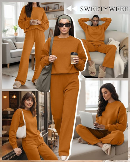 Sweetyweee Women's 2 Piece Outfits Set Fleece Lined Lounge Sweatsuit Crewneck Pullover Top Wide Leg Pants Casual Tracksuit