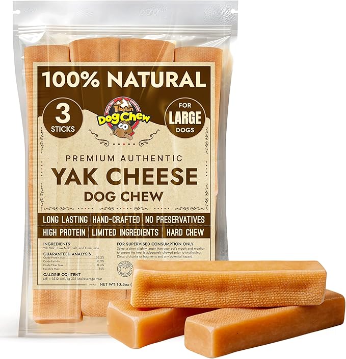 Tibetan Dog Chew Yak Cheese Sticks (3 Large Chews) - Handmade Treats for (Large Dogs), Long-Lasting, Easy to Digest, Grain-Free, Gluten-Free, Supports Dental Health, for Aggressive Chewers