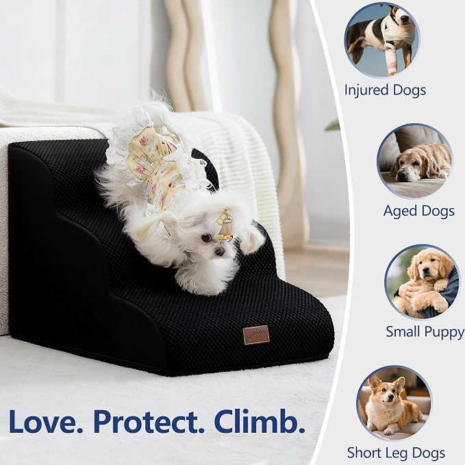 GoGoBunny Ramp Dog Stairs for Couch Sofa and Chair 15.7" H, 3-Step Pet Steps for Small Dogs and Cats, Non-Slip Waterproof Fabric Cover, Stable and Balanced Indoor Step, Pets Friendly, Black
