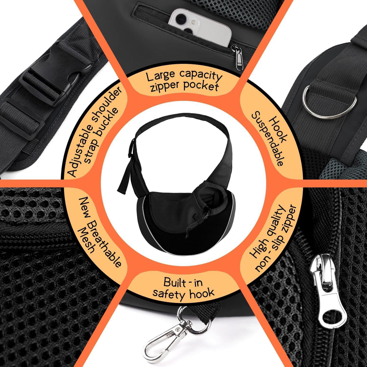 YUDODO Pet Sling Carrier for Small Dogs & Cats – Hands-Free Puppy Carrier with Safety Hook, Large Zipper Pocket, Soft Breathable Mesh, Adjustable Strap & Reflective Strip (Black 2.0 M)