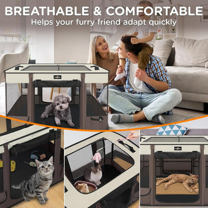 Foldable Pet Kitten Playpen, Upgrade Waterproof Portable Cat Dog Playpen Kennel Tent for Small Dog Cat, Removable Shade Cover, Come with Free Carrying Case, Indoor Outdoor Use for Small Pet, Brown