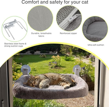 Cat Window Perch with Washable Cushion & Strong Suction – Stable & Cozy Cat Hammock for Window (Holds up to 40 lbs) – Durable Window Bed for Indoor Cats