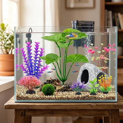 9 Pack Fish Tank Decorations Set Aquarium Decor Rock Cave Hideout, Artificial Aquarium Plants Plastic Betta Leaf Hammock Goldfish Betta Fish Tank Accessories Small Large Fish Bowl Ornaments