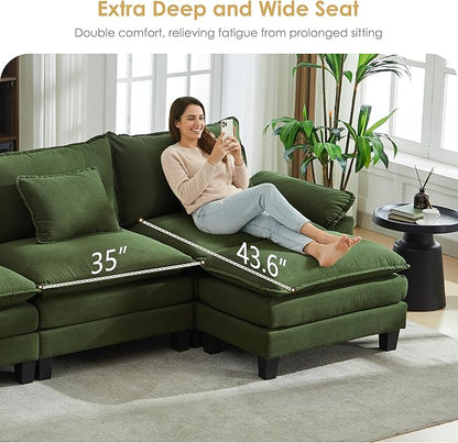 URRED Cloud Couch Modular Sectional Sofa, 122'' Modern L Shaped Deep Seat Sofa with Ottoman & Pillows, Ultra Comfy Corduroy Couches for Living Room, Bedroom or Apartment, Green