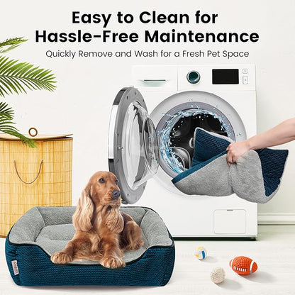 Miguel Dog Bed with Removable Cushion/Pillow for Medium Small Dogs, Washable Pet Bed with Side Easy to Wash Puppy Bed, Large Rectangle Cat Bed for Indoor Cat with Anti-Slip Bottom, Blue 35 Inch