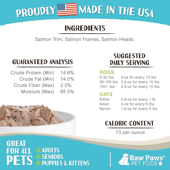 Raw Paws Signature Pet Food for Dogs & Cats - Wild Caught Salmon, 1-lb Rolls (20 Pack) Made in USA Salmon Dog Food - Raw Frozen Fish Dog Food - Sensitive Stomach Cat Food