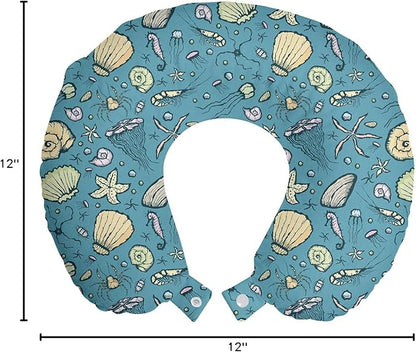 Ambesonne Under The Sea Travel Pillow Neck Rest, Summer Beach Theme with Hand-Drawn Clams Nautilus Jellyfish Shrimp Shapes, Memory Foam Traveling Accessory for Airplane and Car, 12", Cadet Blue