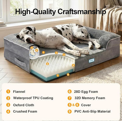 OhGeni Orthopedic Jumbo Sized Dog Bed Couch, Memory Foam, 52-inch (Gray) | Waterproof Pet Bed with Machine-Washable Removable Cover & Soft Comfortable Fabric