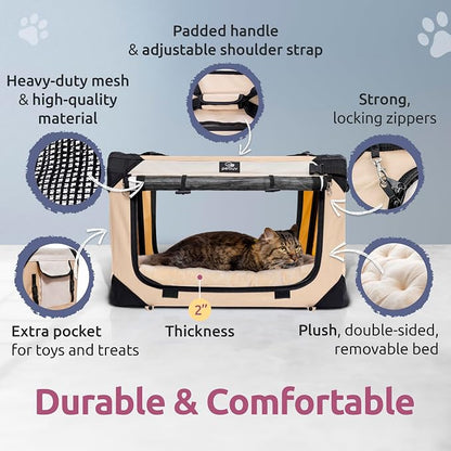 Cat & Dog Pet Carrier, Soft-Sided, Medium 20"x13"x13" Fits Most Cats or Small Dog, Comfortable for Travel & Vet Visits, Privacy Windows, Removable Plush Bed, Locking Zippers, Folds Flat