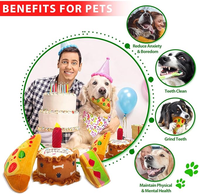 Birthday Squeaky crinkly Cake Aggressive chew for pups Sandwiches Pizza Party Dog Toy Colorful Playset to Keep Your Furry Friend Busy with 3 Pack Gift Toys