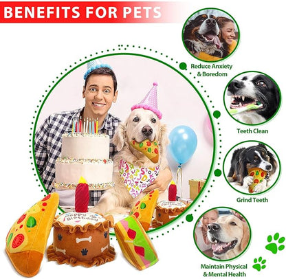 Birthday Squeaky crinkly Cake Aggressive chew for pups Sandwiches Pizza Party Dog Toy Colorful Playset to Keep Your Furry Friend Busy with 3 Pack Gift Toys