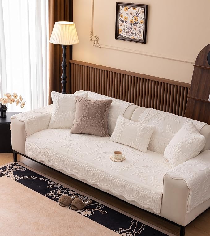 White Fuzzy Rabbit Plush Sofa Cover Cozy Warm Sofa Couch Covers with 3D Jacquard Leaf Pattern Non-Slip Easy-to-Install Shaggy Sofa Slipcover Prefect for Kids Dogs Cats Cats(White,36"x70")