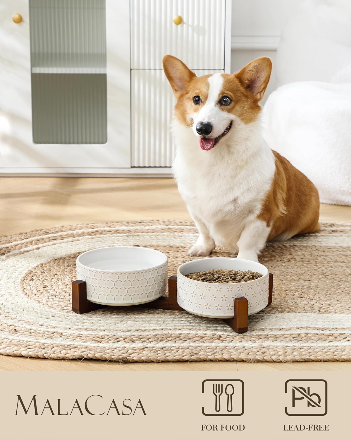 MALACASA Dog Bowl Set with Walnut Wood Stand, 3.5 Cups Ceramic Pet Bowls for Puppy Dogs, Dual Food and Water Bowls with Non-Slip Base, Basic Bowls for Your Dog or Cat, Five-Leaf Grass & Honeycomb