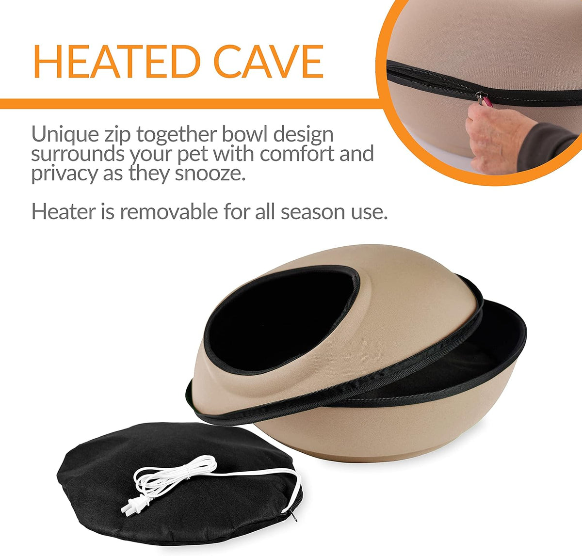 K&H Pet Products Heated Cat Bed for Large Cats, Thermo-Kitty Mod Dream Pod Heated Cat Cave Tent House Bed for Indoor, Warming, Washable Cushion, Waterproof Heater, Safety Listed - 22in Round Tan