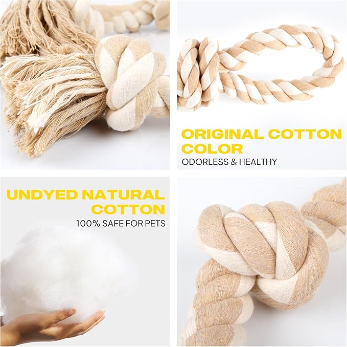 PetiFine Dog Rope Toys for Aggressive Chewers - Large, Tough Indestructible Natural Cotton Rope Toy with 3 Big Knots and a Handle for Tug of War