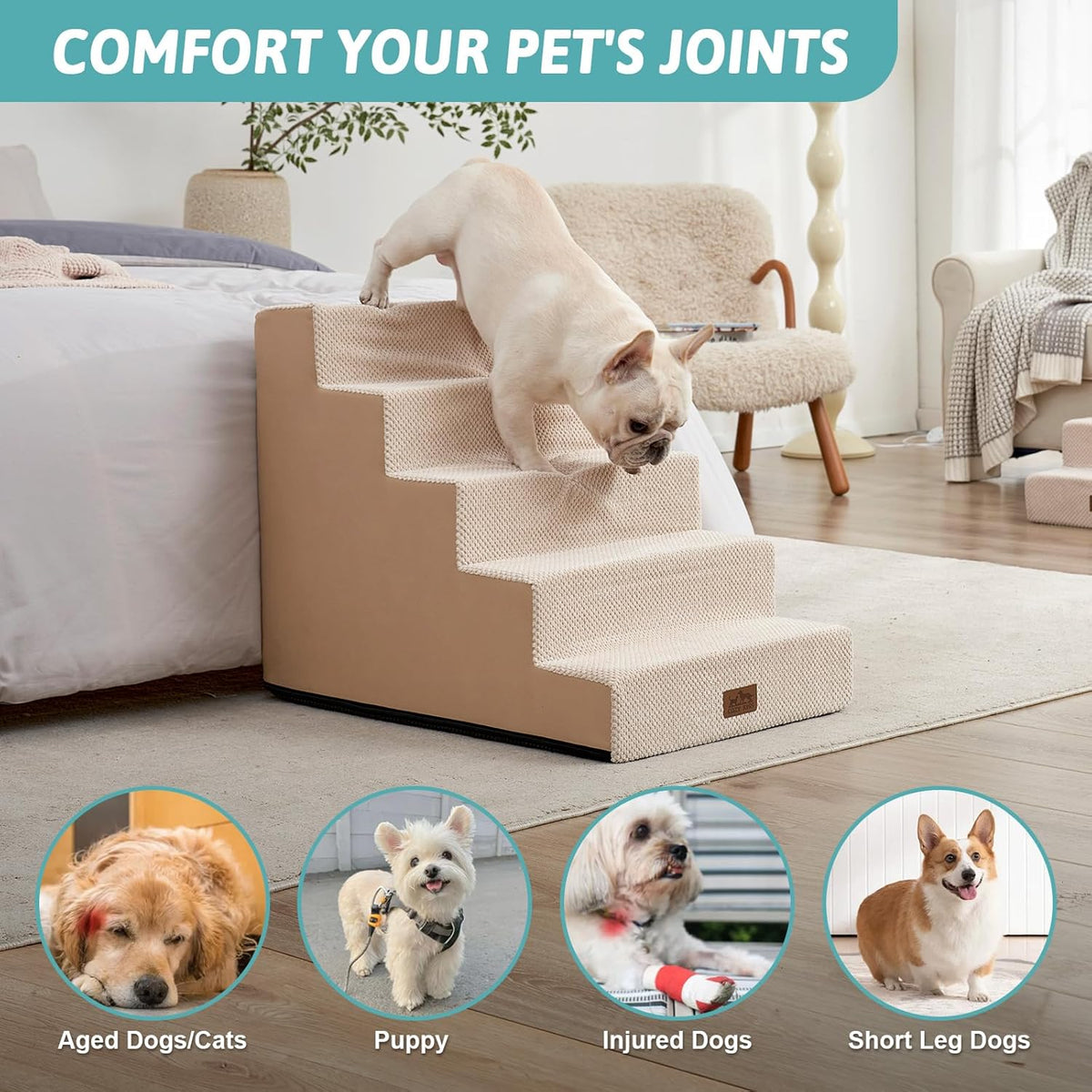Dog Stairs for Small Dogs, 5 Tier Wider Pet Stairs for High Beds, 23.6" H Non-Slip Dog Steps for Old Cats, Puppies, Small Medium Dogs, 29.5x19.7x23.6 inch, Beige