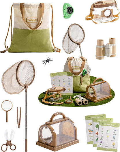 ROBUD Upgraded Kids Explorer Kit, Bug Catcher Kit with Wild Adventure Binoculars, Green Outdoor Exploration Set for Camping, Montessroi Toy for Kids Coming Closer to Nature，WRP30